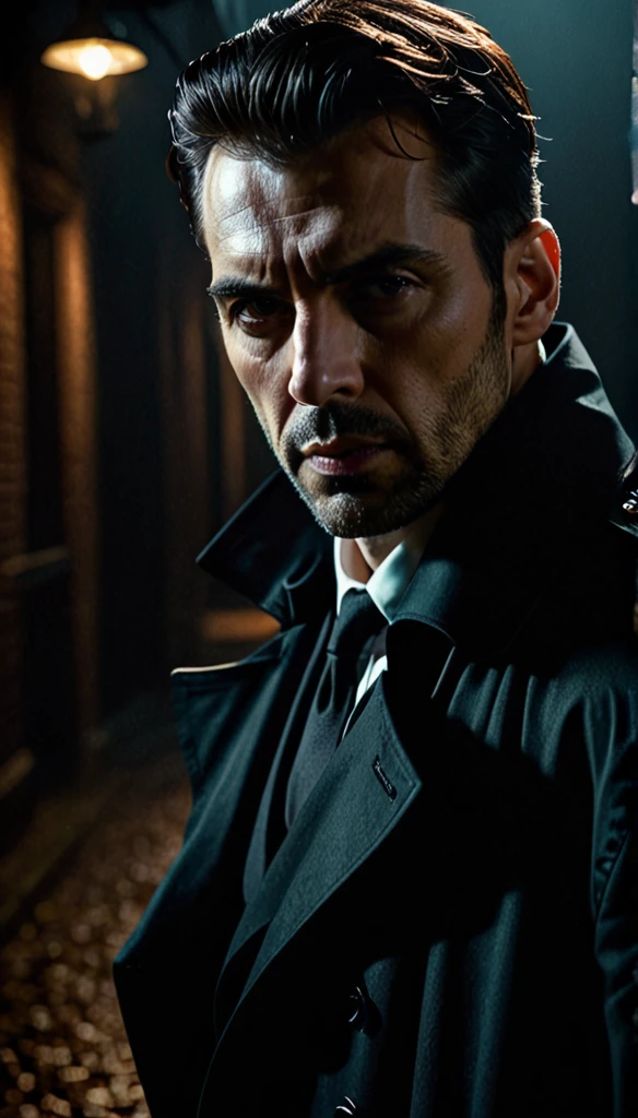 a man in a black trench coat, horror, dark atmosphere, moody lighting, dramatic shadows, cinematic composition, intense gaze, mysterious expression, ominous presence, unsettling ambiance, atmospheric, detailed facial features, realistic skin textures, high level of detail, 8k, cinematic lighting, photorealistic, masterpiece