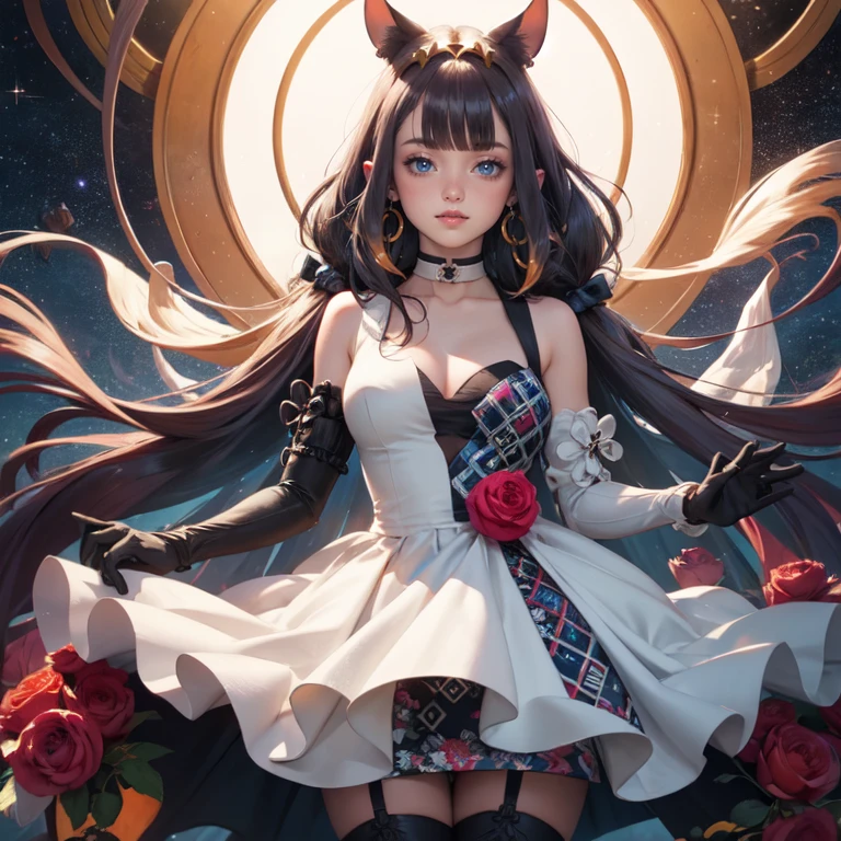 ((((Obra maestra, La mejor calidad, ultrahigh resolution)))), 1girl, standing,), ((long pure brown hair, hair over eye)), long hair cut, shiny skin, ((golden eyes)), glowing_eyes, neon eyes, (ultra detailed eyes:0.7, beautiful and detailed face, detailed eyes:0.9), ((centered)), smirk, facing viewer, ((vibrant background, dark lighting, summer, sunlight)), large chested, looking at viewer, ((half closed eyes)), ((perfect hands)), (((head:1, arms, hips in view, elbows, in view))), ((hands behind back)), empty eyes, beautiful lighting, ((outside, outdoors)), defined subject, head tilt, (((gritty)), ((creepy)), ((cool)), ((beautiful)), (((SFW))), hair ornament, petals in the air, moon in the sky, city, mature woman, adult woman, sfw, pink and white dress, night dress, she is a princess, large chest, big ,