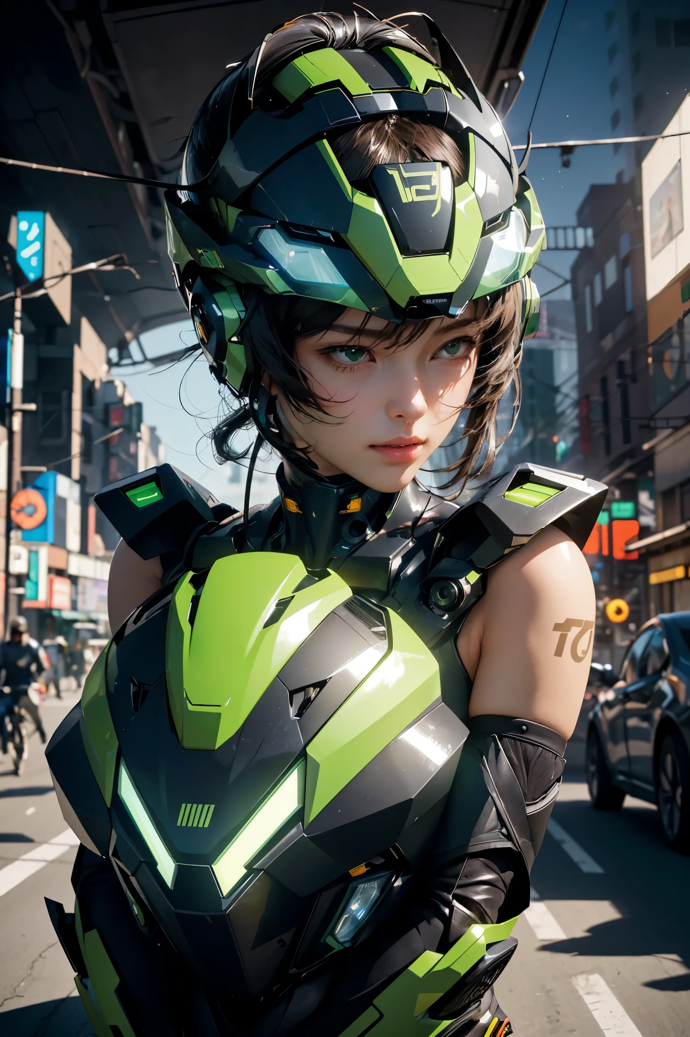 Highest image quality, Excellent details, Ultra-high resolution, (realism: 1.4), Best Illustration, Offer Details, Highly concentrated 1girl, With a delicate and beautiful face, Wearing black and green mecha, Wearing a mecha helmet, Hold the direction controller, Riding a motorcycle, The background is a high-tech lighting scene of a future city.