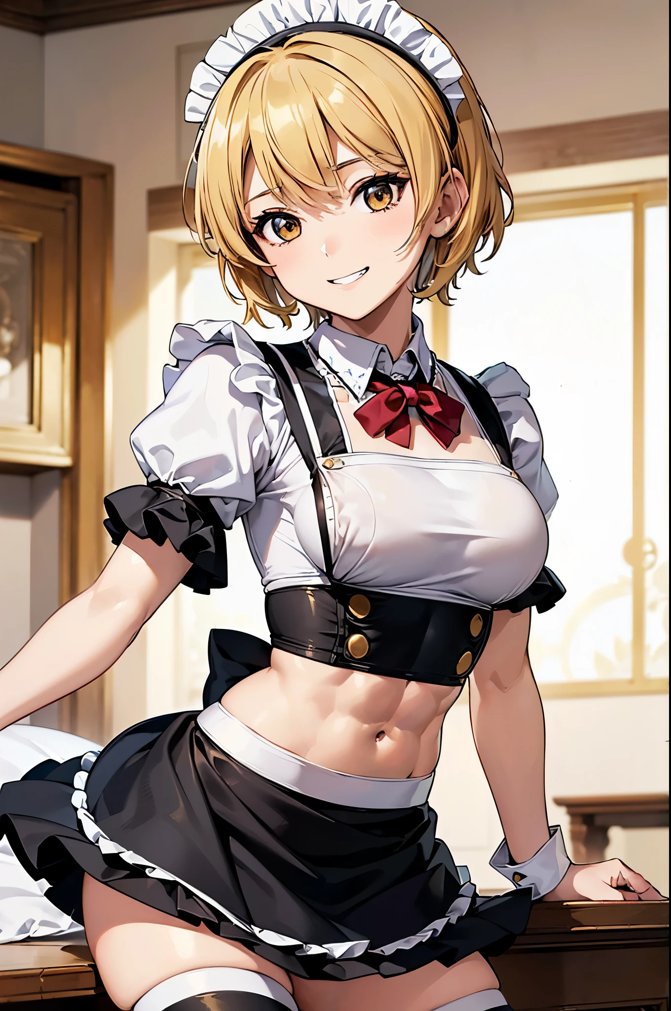 masterpiece, best quality, ultra detailed, ultra high resolution, very detailed face, solo, ((anime), 20 years old girl, (((cromtop, maid uniform))), ((golden short hair)), (((medium breast))), (six pack abs:1.2), ((little smile)), teeth, in the room
