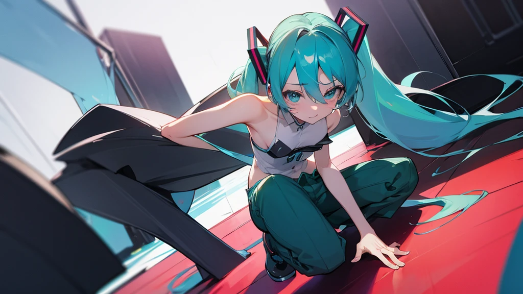 hatsune miku,No correction,Small breasts,Embarrassing,Pants available,Masturbation,Leg spread,Squat down