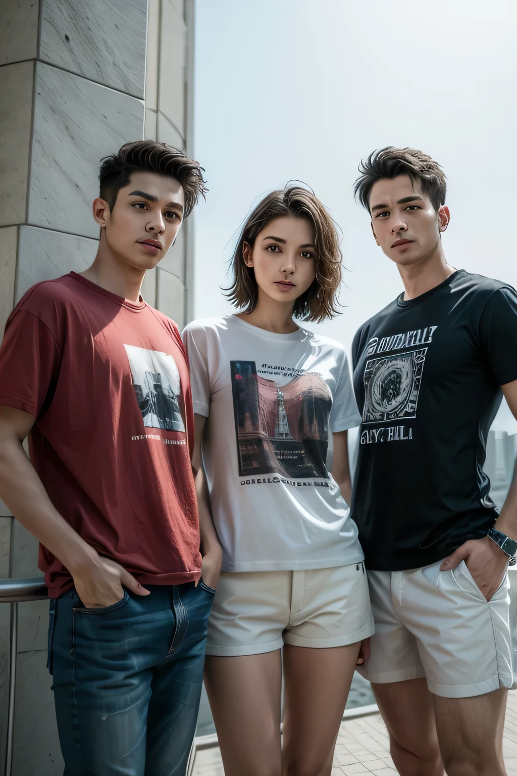 three people modeling t-shirts in the efiel tower
