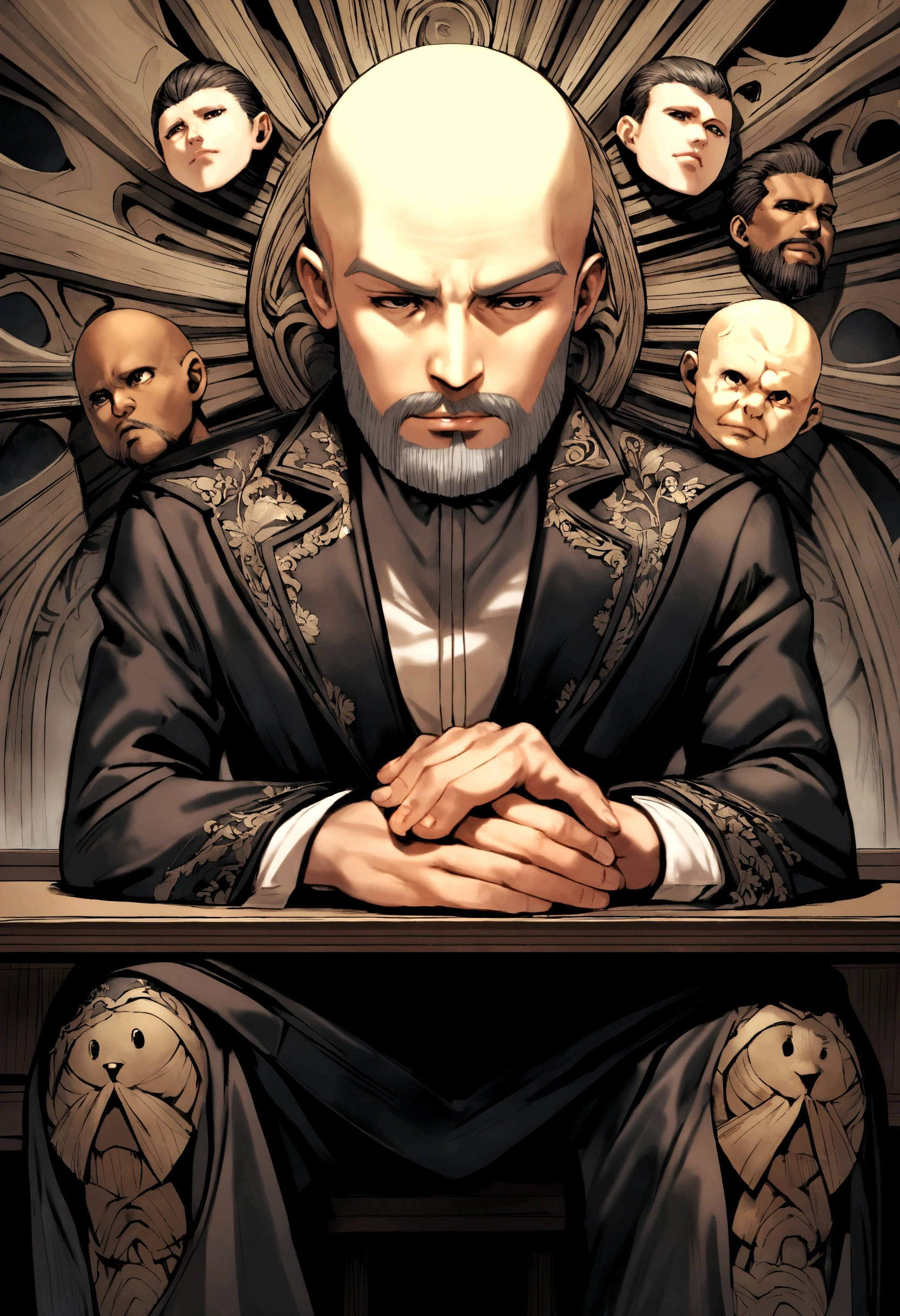 black male,de terno e gravata,baldie,with beard sitting with hands resting on table