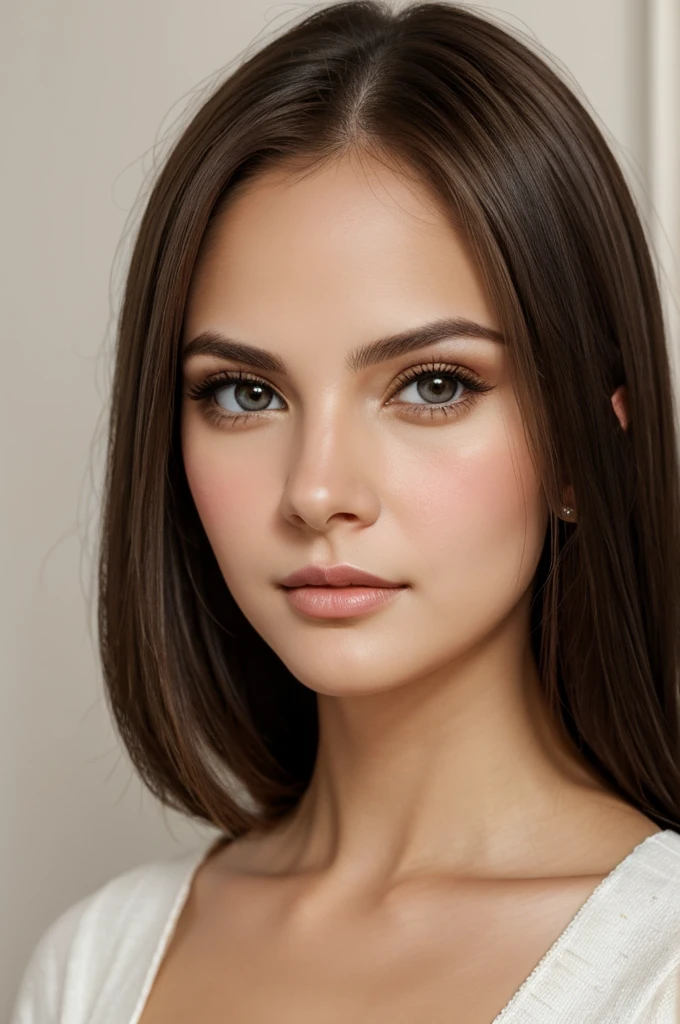 Create a white woman, with brown eyes, Round face, mona, normal lips