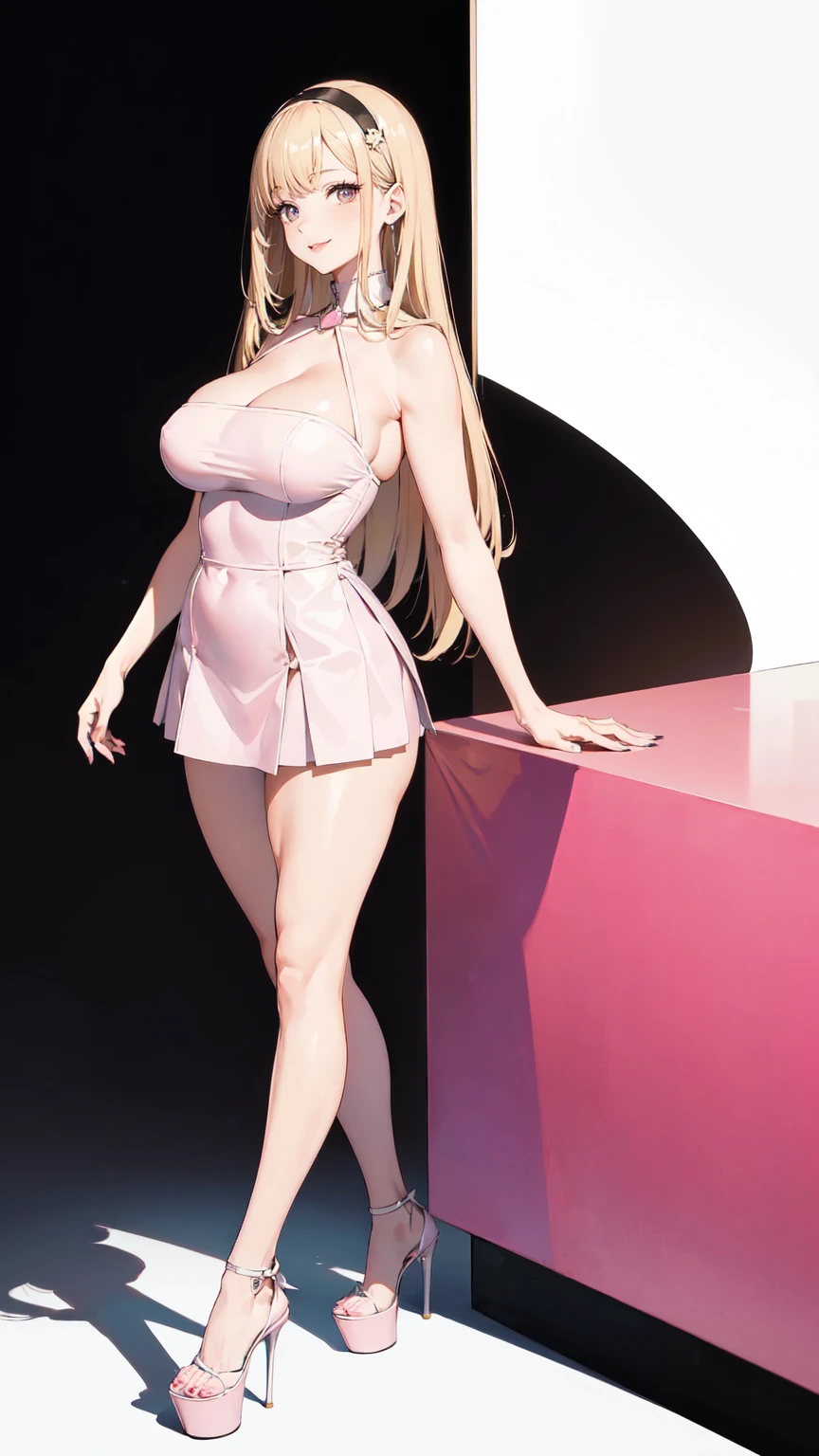 ((masterpiece, high resolution, better quality, better details)), ((Marin Kitagawa)), ((Smiling)), ((one girl)) a girl modeling standing, mini skirt, blouse, ((big neckline)), ((platform high heels)), pink eyes with black outline, (light blonde hair, straight hair, straight bangs, long hair)), long nails, pink nails, (((curvy body))), shiny skin, ((side view)), solo, bare shoulders, full body, focus full body, high heels, ((White background)),