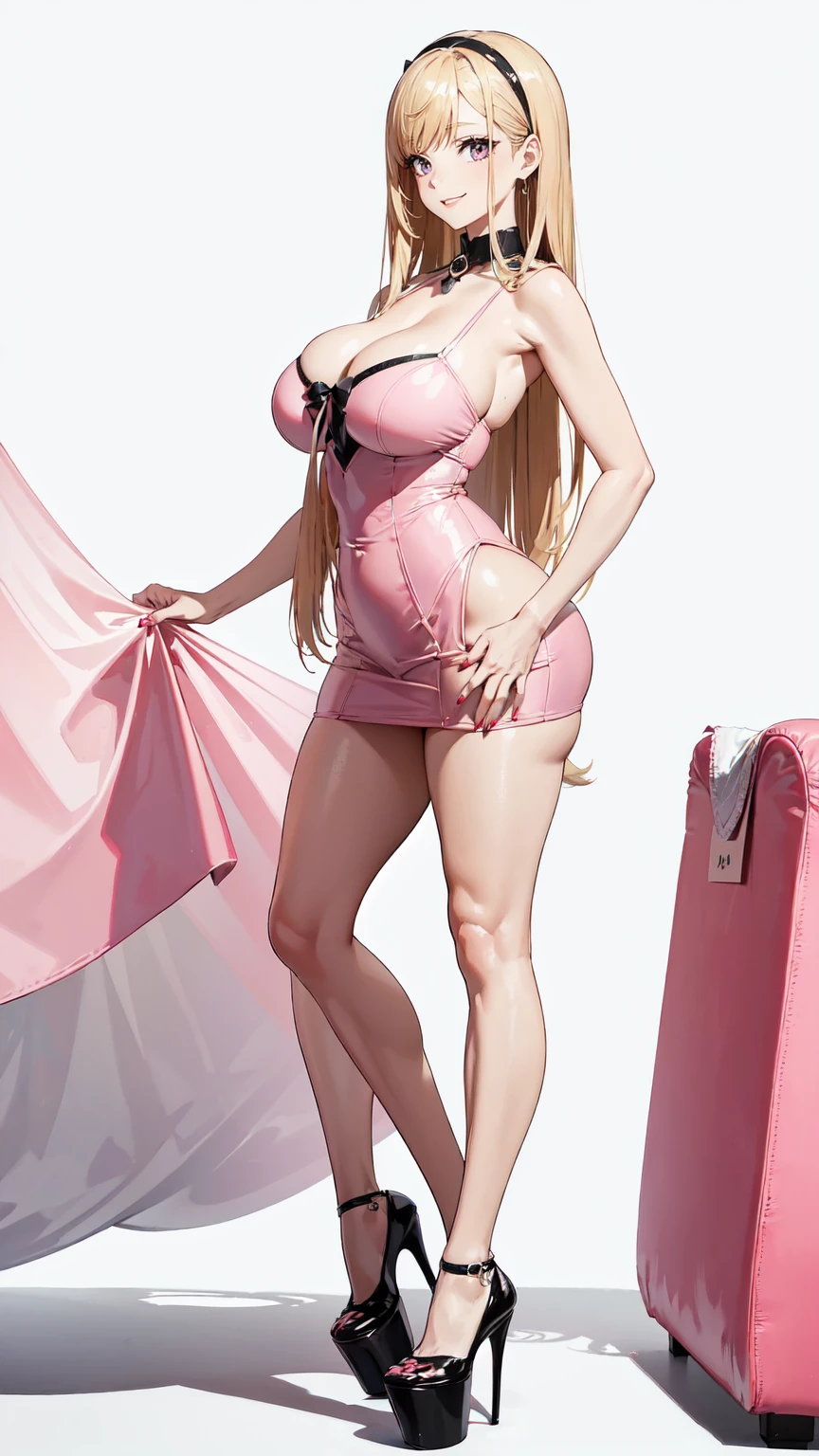 ((masterpiece, high resolution, better quality, better details)), ((Marin Kitagawa)), ((Smiling)), ((one girl)) a girl modeling standing, mini skirt, blouse, ((big neckline)), ((platform high heels)), pink eyes with black outline, (light blonde hair, straight hair, straight bangs, long hair)), long nails, pink nails, (((curvy body))), shiny skin, ((side view)), solo, bare shoulders, full body, focus full body, high heels, ((White background)),