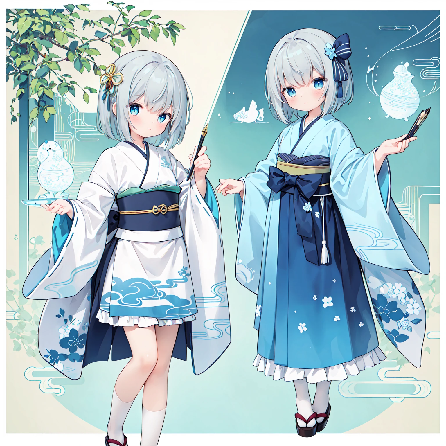 finely detailed illustration, vibrant color, best quality, masterpiece, One beautiful girl、cute、とてもcute、masterpiece、Best image quality、Highest quality、Kimono dress、Japanese style dress、Wide cuffs、Amazing results、ribbon、Frills、stand、Magic wand、Japanese style magic、Japanese style background、Very delicate illustrations、Awesome portrayal、8K、Beautiful background、Carefully drawn illustrations、Excellent image quality、Gray Hair、Medium Hair、blue eyes