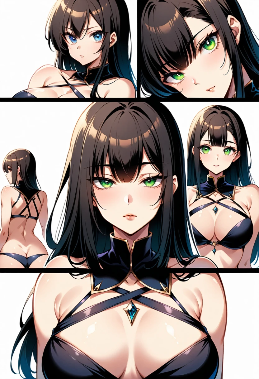 Manga Girl, new, various positions, sultry gaze, white, breasts big, black and straight hair, blue eye, Green Eye,