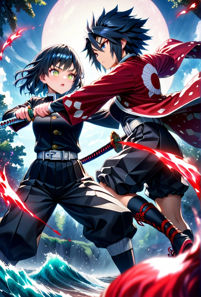 Ultra detailed, high resolution, absurd, HDR, masterpiece, anime girl and boy, beautiful woman with long white hair with deep red streaks, girl with yellow eyes, the girl is wearing a red haori, black demon slayer uniform, Kimetsu No Yaiba, fantasy, Tomioka Giyu, Water Hashira, Tomioka is training the girl using katanas, sun, daylight, best quality, extremely detailed face, anime, attack position, Tomioka Giyu is teaching the girl fighting, full body, they are in front of each other, both holding katanas, Tomioka is the girl’s katana teacher