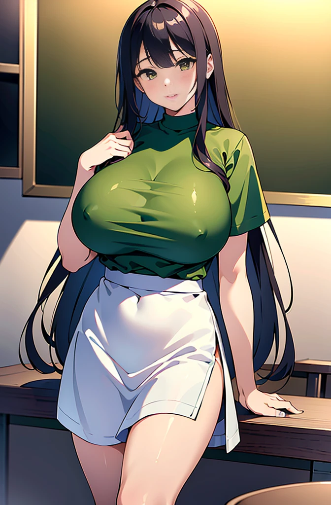 ((masterpiece, highest quality, very detailed, Extremely detailed, Detailed CG, 8k wallpaper)), 1 girl, cute, black hair, long hair, (huge breasts:1.2), (boob tent:1.1), green t-shirt, skirt, indoor rom front:1.2), restaurant,