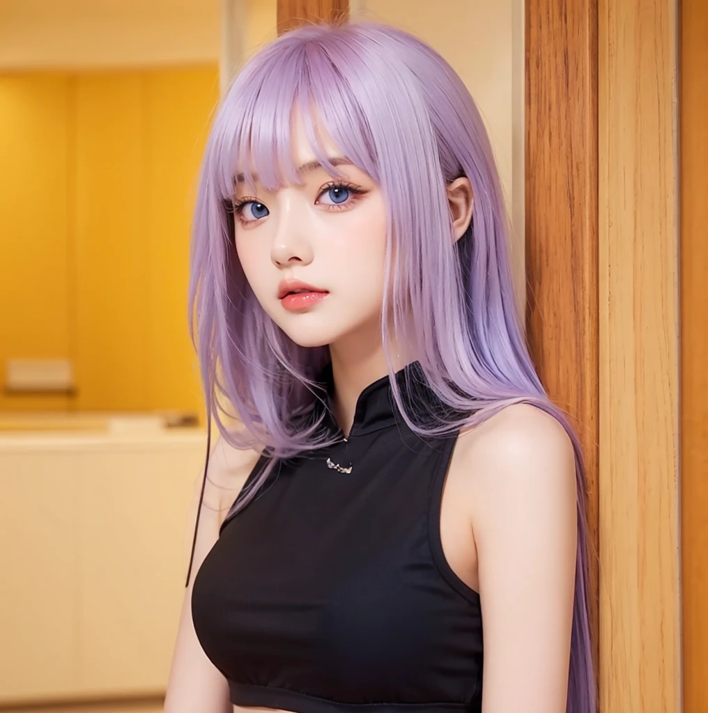 1girl with long hair and black dress standing in front of a door, anime girl wearing a black crop top, (Light purple hair), (Long hair), fair skin, blue eyes, beautiful face