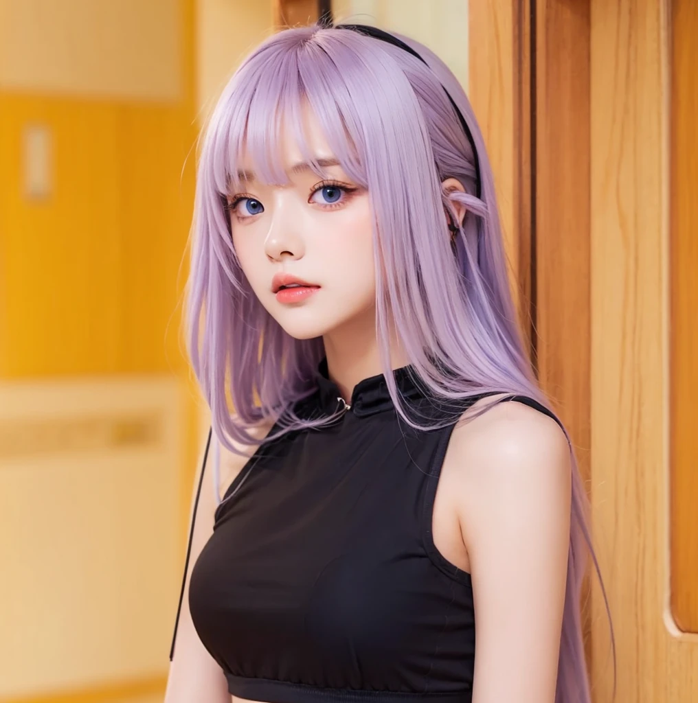 1girl with long hair and black dress standing in front of a door, anime girl wearing a black crop top, (Light purple hair), (Long hair), fair skin, blue eyes, beautiful face