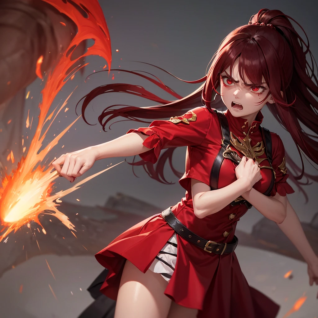 An angry girl with a hateful expression, She is wearing vibrant red clothes, She is always angry and has a look of anger and hatred, with clothes and appearance that portray hatred and anger, She resembles a mystical being, but it has a hateful appearance, And she also looks like a fairy, the fairy of anger, resentment and hatred