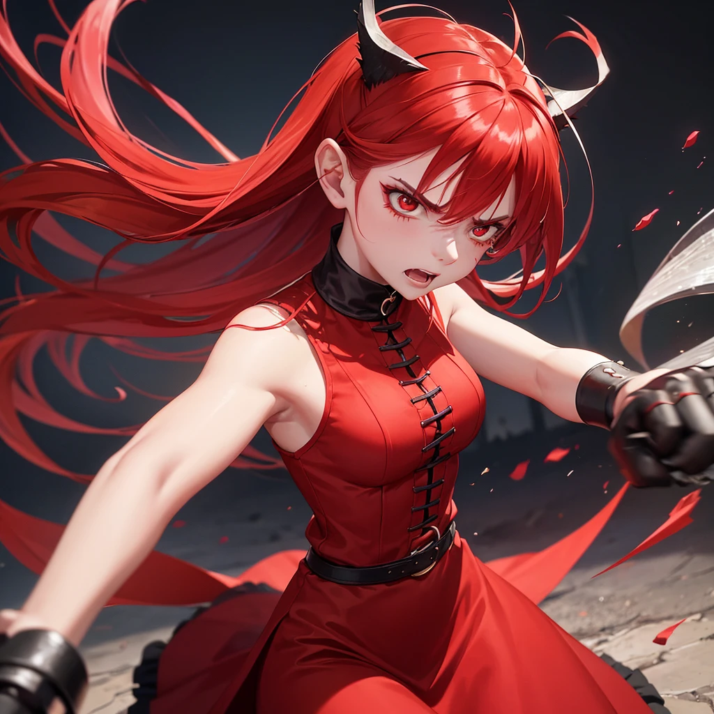 An angry girl with a hateful expression, She is wearing vibrant red clothes, She is always angry and has a look of anger and hatred, with clothes and appearance that portray hatred and anger, She resembles a mystical being, but it has a hateful appearance, And she also looks like a fairy, the fairy of anger, resentment and hatred