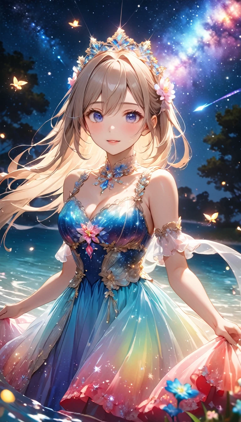 Highest quality, Highest quality, 16K, Unbelievably absurd, Very detailed, 2.5D, delicate and dynamic, under water, In the water, Swimming in the ocean, Brightly colored coral, Small faint lights and flying fireflies, night, Starry Sky, milky way, nebula, shooting star, Flowers,, Very delicate facial expressions, Delicate eye depiction, Upper body close-up, erotic, dynamic sexy poses, Only sexy women, Healthy body shape, 22-year-old woman, Aristocratic women, Height: 170cm, Large, firm, swaying bust, Colorful floral ornaments, Crystal translucent dress, Wrap your whole body in a semi-transparent cloth, A long dress with a complex structure, Colorful long dress, In the waterに浮かぶドレス