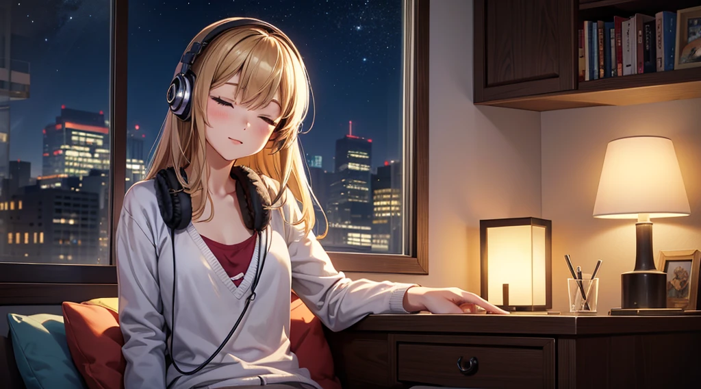 Girl with headphones enjoying music in a home I am studying Emphasize a little bit of the big chest Looking towards me with eyes closed Night Background