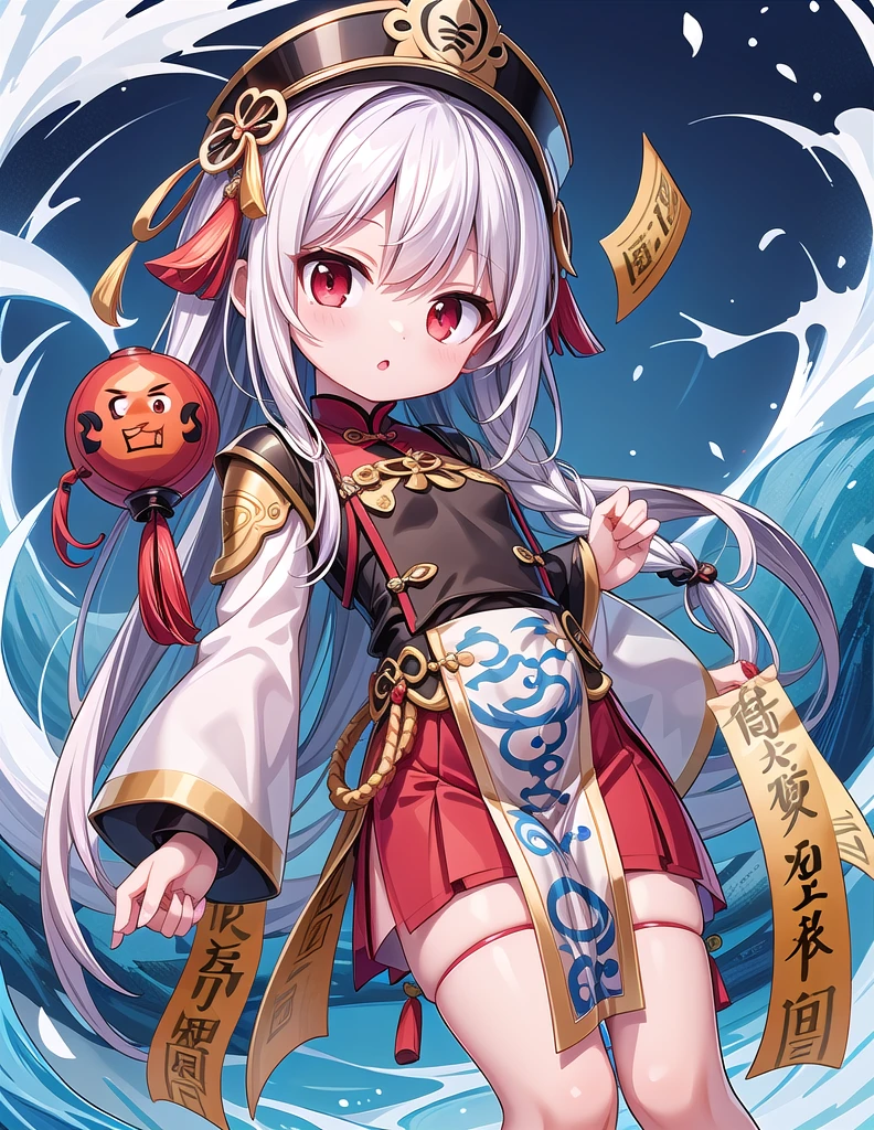 1girl, solo, long hair, looking at viewer, red eyes, braid, white hair, armor, colored skin, helmet, robot, pelvic curtain, ofuda, blue skin, jiangshi, qing guanmao, talisman