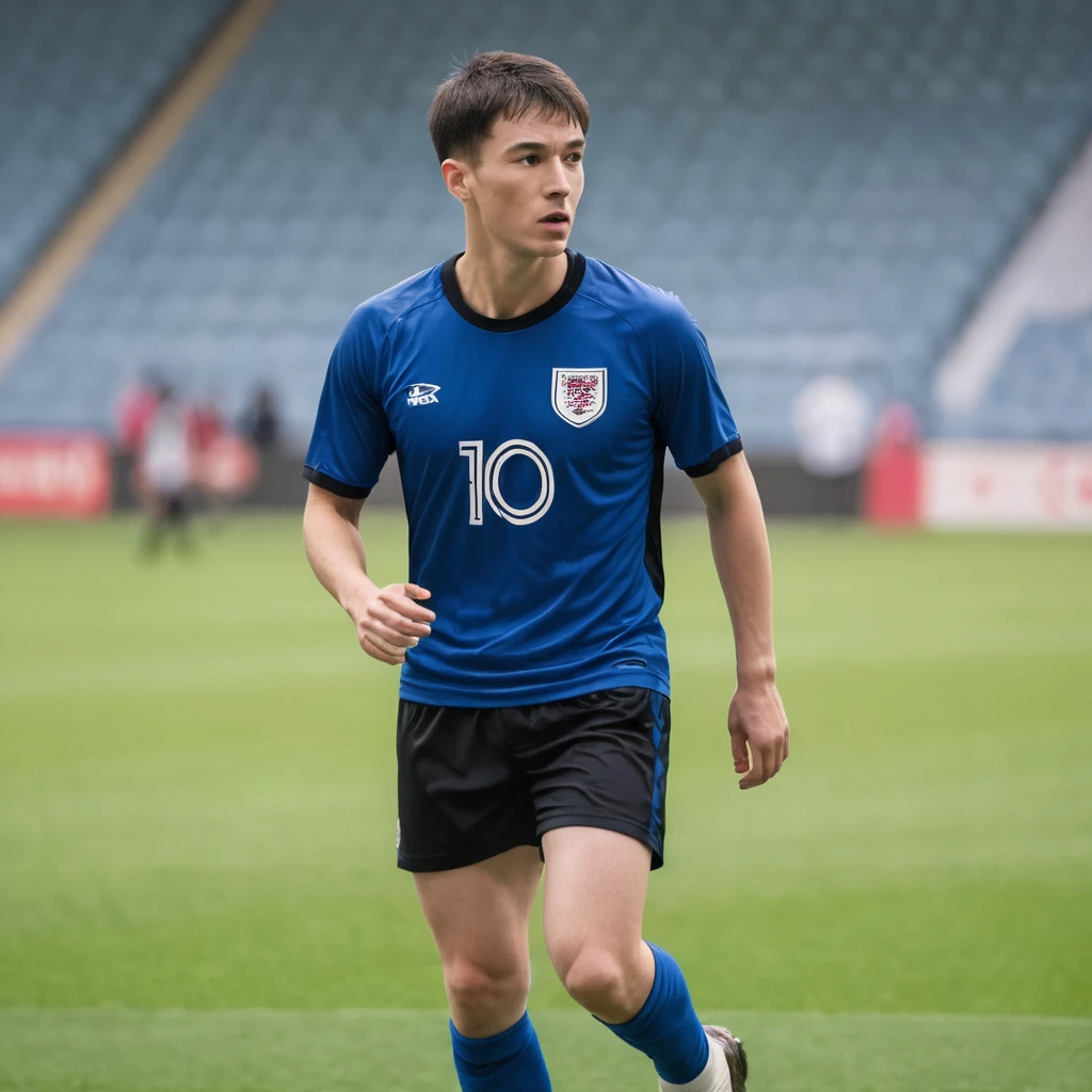 A male football player with short hair, shirt 10 of a team with blue uniform and black shorts, English descent
