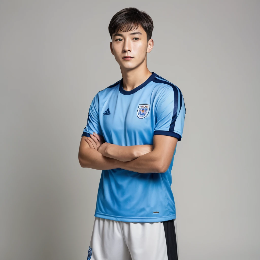A male football player with short hair, shirt 10 of a team with blue uniform and black shorts, English descent