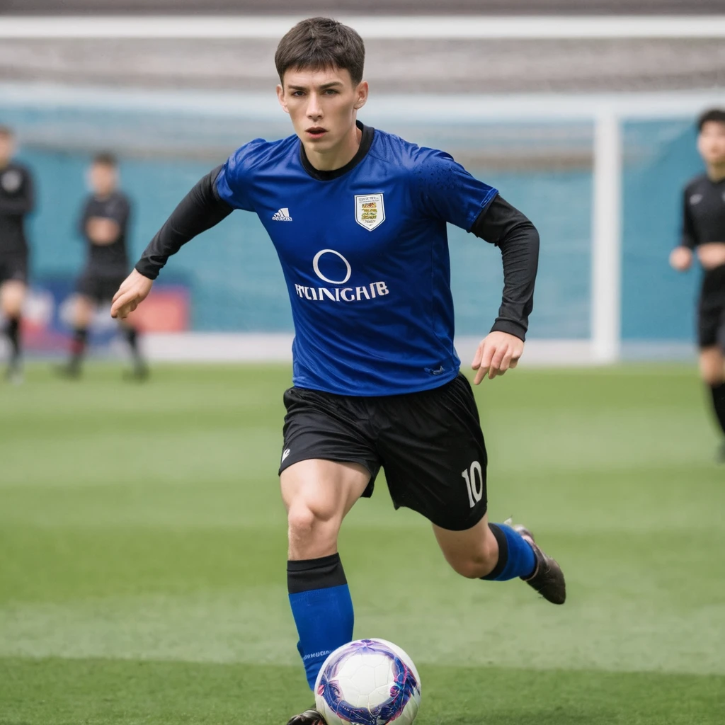A male football player with short hair, shirt 10 of a team with blue uniform and black shorts, English descent