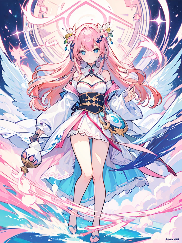 (best quality:1.3), (Artwork:1.3), (illustration:1.3), (ultra-detailed:1.3), (imid shot:0.9), 1 girl, medium breasts,blue eyes, ((pink hair ))), hair ornaments, Tall, Mature, hair