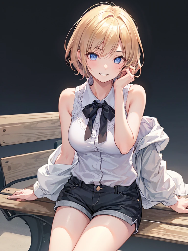 ((Ultra-detailed)), (top-quality), ((masterpiece)), ((Super exciting)), ((8K)), ((1080p)), ((extremely clear)), ((Very sophisticated)),((natural lighting)), ((depth of fields)), ((Glowing skin)), ((gleaming)), ((shiny-glistening)), (3D)), ((Perfect Anatomy)), (Realistic skin texture), ((Detailed face description)), (((perfect balance))), (((Solo))), ((a girl)), ((elder sister)), (grinned)), (slanted eyes), (sit on bench), (grinned), ((sleeveless)), (shirts), (short pants), ((simple background)),