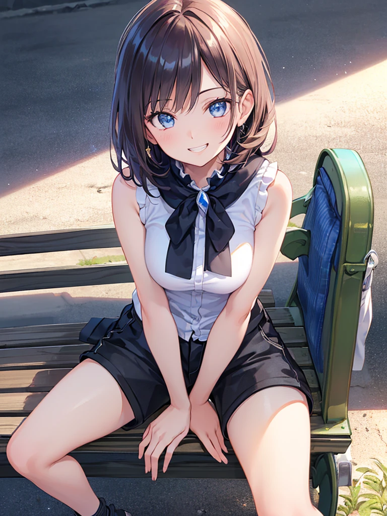 ((Ultra-detailed)), (top-quality), ((masterpiece)), ((Super exciting)), ((8K)), ((1080p)), ((extremely clear)), ((Very sophisticated)),((natural lighting)), ((depth of fields)), ((Glowing skin)), ((gleaming)), ((shiny-glistening)), (3D)), ((Perfect Anatomy)), (Realistic skin texture), ((Detailed face description)), (((perfect balance))), (((Solo))), ((a girl)), ((elder sister)), (grinned)), (slanted eyes), (sit on bench), (grinned), ((sleeveless)), (shirts), (short pants), ((simple background)),