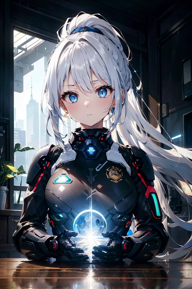 CG Mecha, beautiful eyes, ((Two people))、Upper Body, (Mechanical Armor)、40MMShooting with a lens, portrait,Jet flight suit、Flying through the air、patrol、 Police Officer、Flawless、Neon, 8K, Raw, best quality, On the table, Ultra-high resolution, rich and colorful, (Medium wide angle lens), (Dynamic perspective), Sharp focus , (Depth of Field, Bokeh:1.3), Extremely detailed eyes and face,Ninja Master, Beautiful and delicate eyes、black gold, Trimming gears:1.2), ((On the table, best quality)), Detailed background, Spacecraft interior、Hold your weapon、(White hair)、blue eyes、Ponytail、Bioluminescence、new moon、fantasy,masterpiece,Connected to plug、spectrum、confusion、Large、kaleidoscope、Detailed equipment