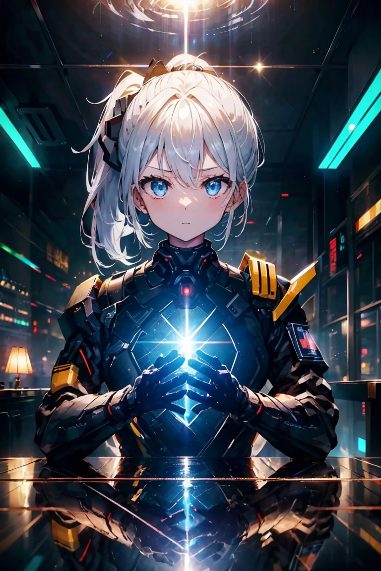 CG Mecha, beautiful eyes, ((Two people))、Upper Body, (Mechanical Armor)、40MMShooting with a lens, portrait,Jet flight suit、Flying through the air、patrol、 Police Officer、Flawless、Neon, 8K, Raw, best quality, On the table, Ultra-high resolution, rich and colorful, (Medium wide angle lens), (Dynamic perspective), Sharp focus , (Depth of Field, Bokeh:1.3), Extremely detailed eyes and face,Ninja Master, Beautiful and delicate eyes、black gold, Trimming gears:1.2), ((On the table, best quality)), Detailed background, Spacecraft interior、Hold your weapon、(White hair)、blue eyes、Ponytail、Bioluminescence、new moon、fantasy,masterpiece,Connected to plug、spectrum、confusion、Large、kaleidoscope、Detailed equipment