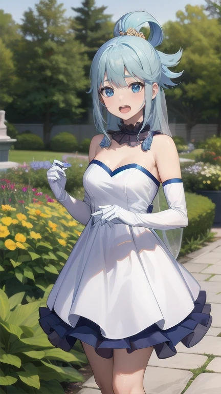 masterpiece, best quality, highres, aarurutie,1girl, wedding dress, white dress, standing, garden, smile, open mouth, beatrix amerhauser, long blue hair, blue eyes,gloves, ponytail,