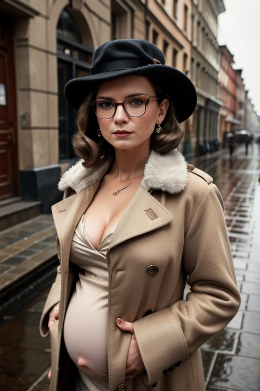 attractive Polish woman, circa 1940s, wartime, vintage film hue, fur trenchcoat, earrings, Polish village, cobblestone sidewalk, hat, wavy hair, short hair, glasses, cleavage, pregnant belly, elegant, gloomy environment, cloudy, stormy, rain, smirking