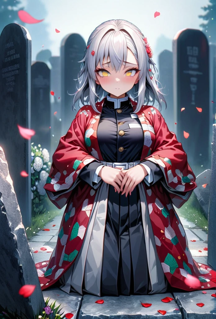 Ultra detailed, high resolution, absurd, HDR, masterpiece, anime girl, beautiful woman, long white hair with red streaks, expressive yellow eyes, red haori, black demon slayer uniform, Kimetsu No Yaiba, petals, white flowers, beautiful, woman in front of tombstones, the girl is in front of the Hashira’s tombstones, best quality, extremely detailed face and eyes