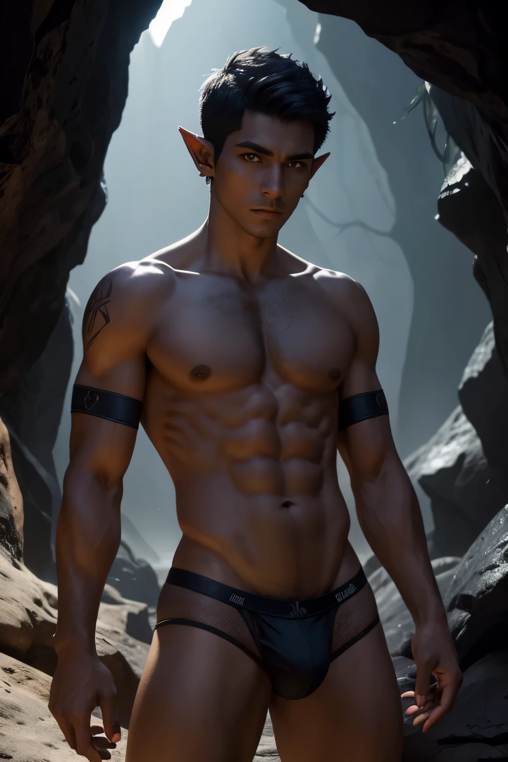 jovem e bonito elfo drow usando jockstrap, really short hair, pointy ears, ashen skin, cave background with spiders