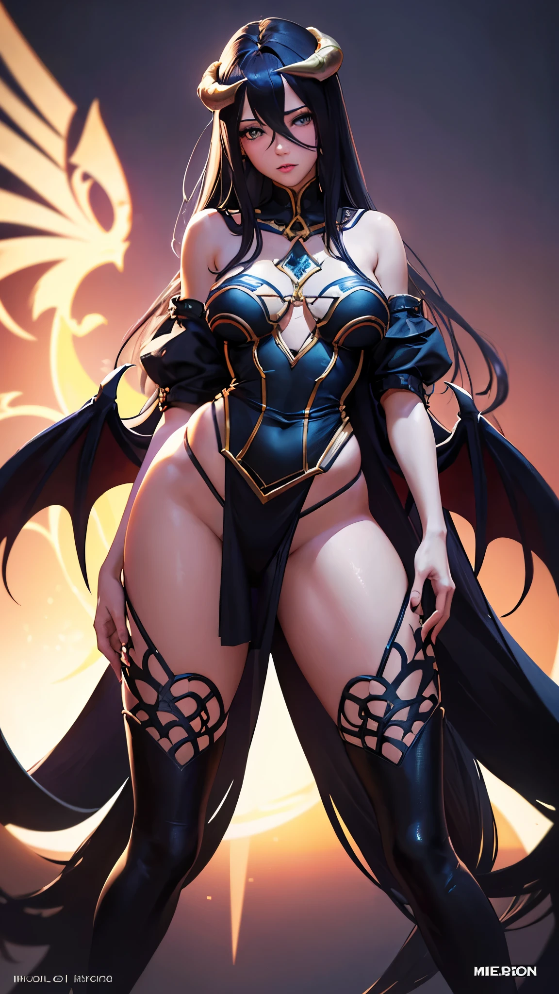 (best quality,highres:1.2),ultra-detailed,realistic,photorealistic:1.37,a beautiful girl (Albedo - Overlord) model in a fantasy style,18 years old,long legs,medium breasts,extremely detailed face (with emphasis on azure eyes),Her black-colored hair falls to her shoulders.She is dressed in soft translucent fabric clothes, more than half of her body is naked. The clothes emphasize her sexuality,bent down, lifting her ass to the top,there is an artfully executed Dragon tattoo on the right thigh of her leg, the girl stands in this angle (showing everyone her tattoo),illustration,colorful pop art style,dynamic lighting,neon colors.Nsfw