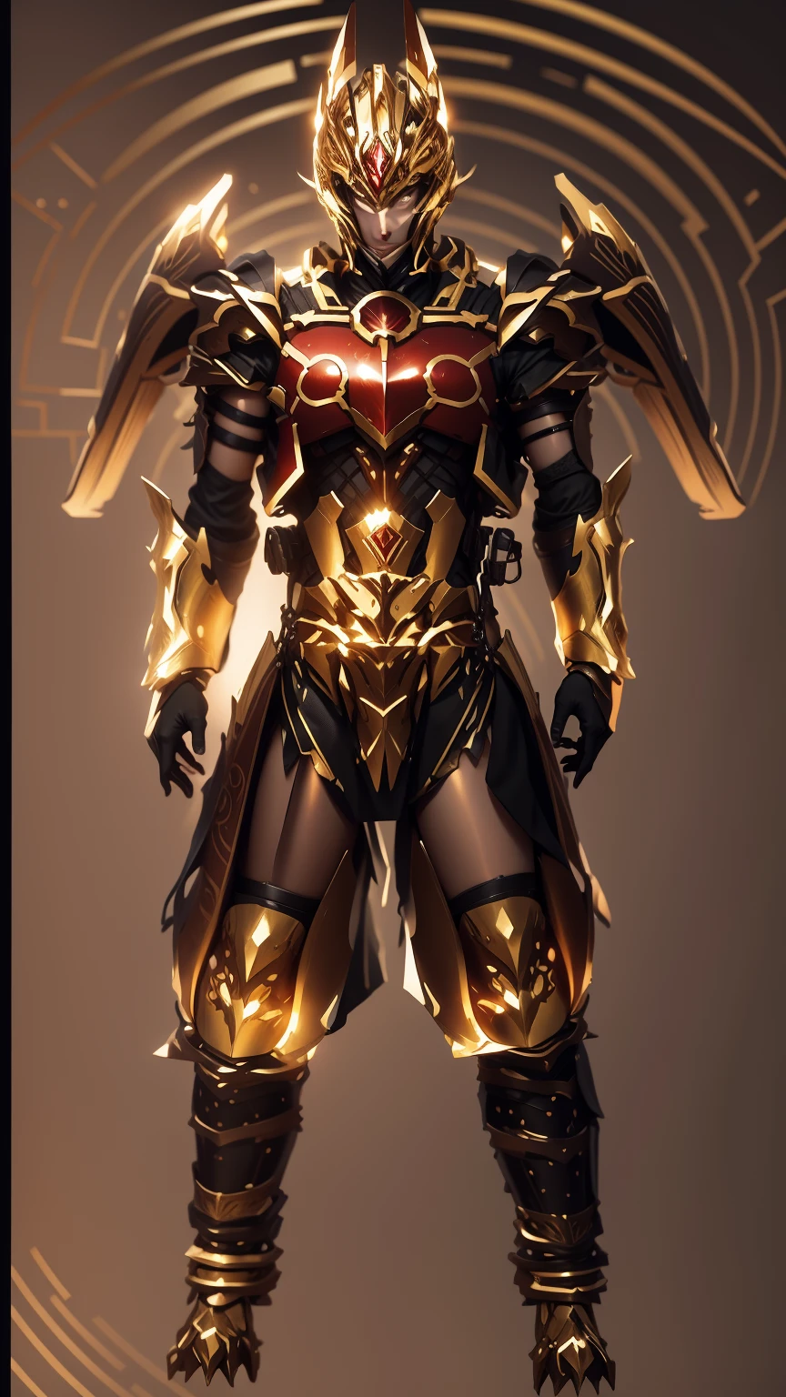 Mainly Western armor,The whole thing is a mixture of gold and red,There are many gorgeous carvings all over the body,Let them coexist,This can also be done around the eyes. The entire surface should be red and gold,There are no other colors.,Does not contain any other colors,There should be a lot of crystal effects like crystal。The color changes to red and gold,Some red and gold(Ensure its layering and armor texture,Red as main color,Add some gold for decoration)