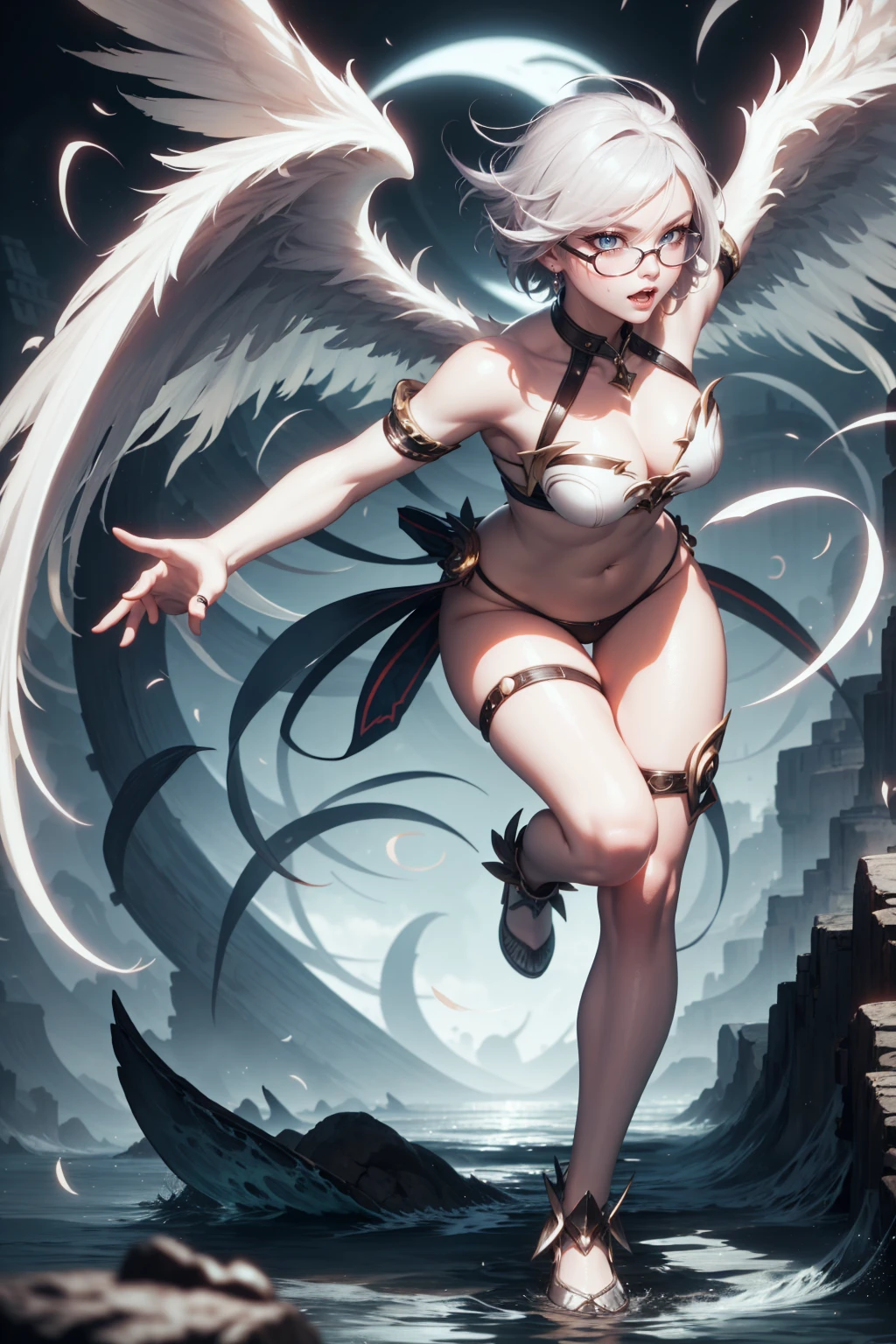 siren woman short hair tomboy, standing sexy with glasses, and white wings, Blue setting, movement pose, fully body, perfect hands