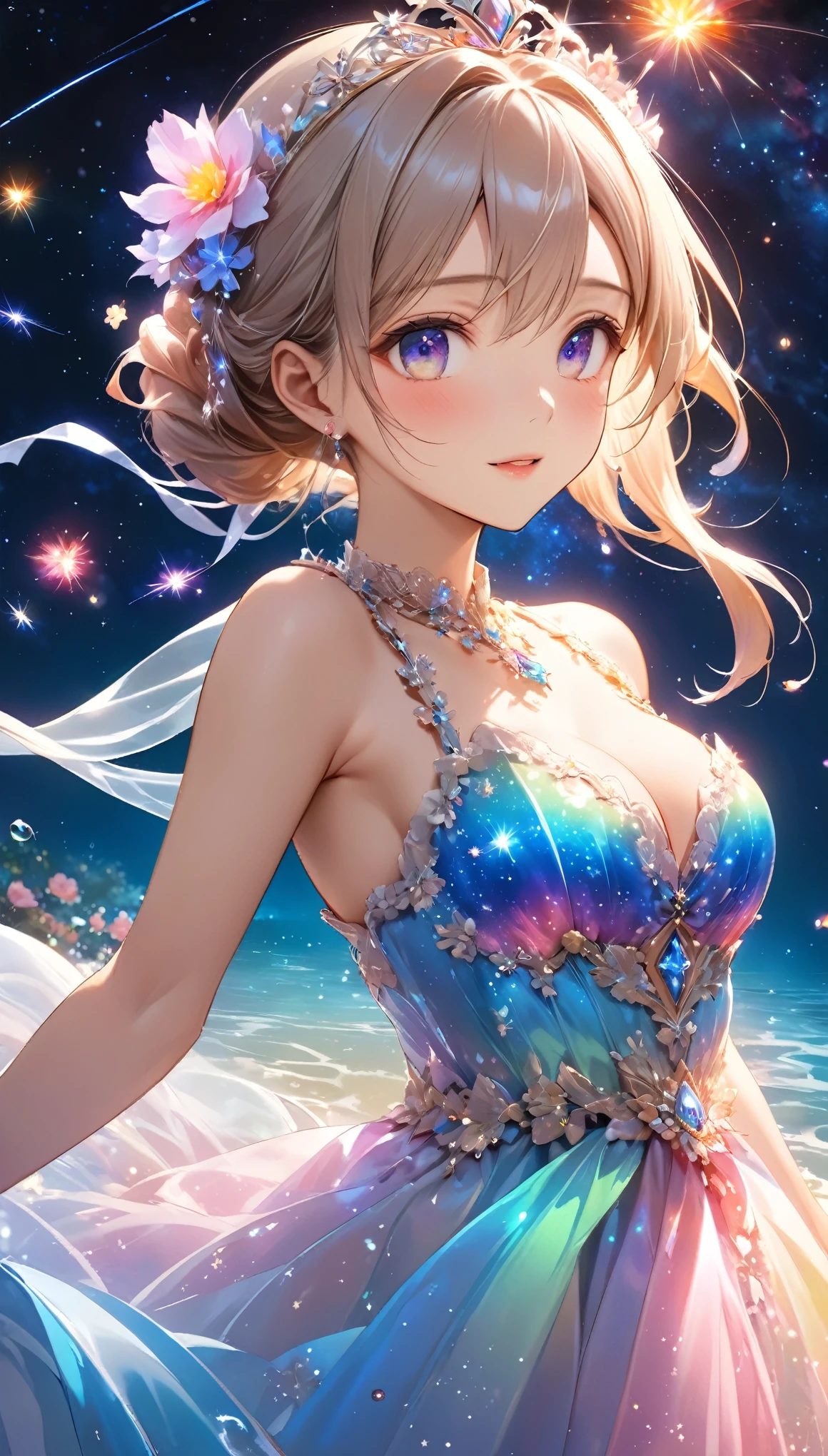 Highest quality, Highest quality, 16K, Unbelievably absurd, Very detailed, 2.5D, delicate and dynamic, under water, In the water, Swimming in the ocean, Brightly colored coral, Small faint lights and flying fireflies, night, Starry Sky, milky way, nebula, shooting star, Flowers,, Very delicate facial expressions, Delicate eye depiction, Upper body close-up, erotic, dynamic sexy poses, Only sexy women, Healthy body shape, 22-year-old woman, Aristocratic women, Height: 170cm, Large, firm, swaying bust, Colorful floral ornaments, Crystal translucent dress, Wrap your whole body in a semi-transparent cloth, A long dress with a complex structure, Colorful long dress, In the waterに浮かぶドレス