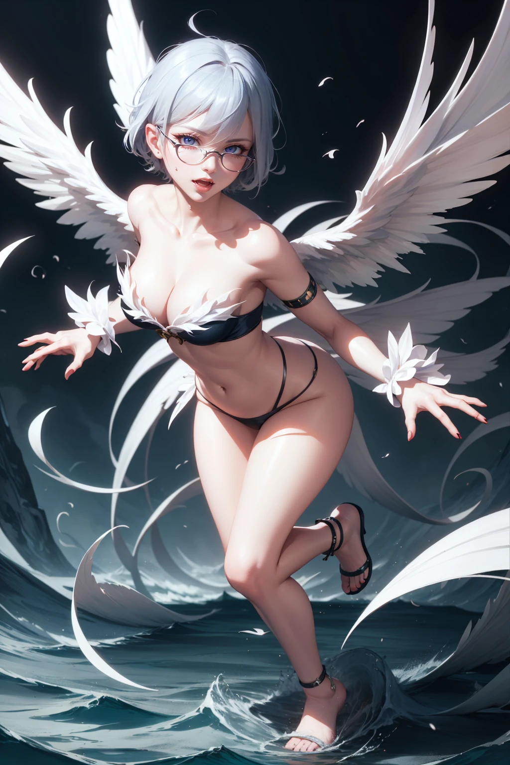 siren woman short hair tomboy, standing sexy with glasses, and white wings, Blue setting, movement pose, fully body, perfect hands
