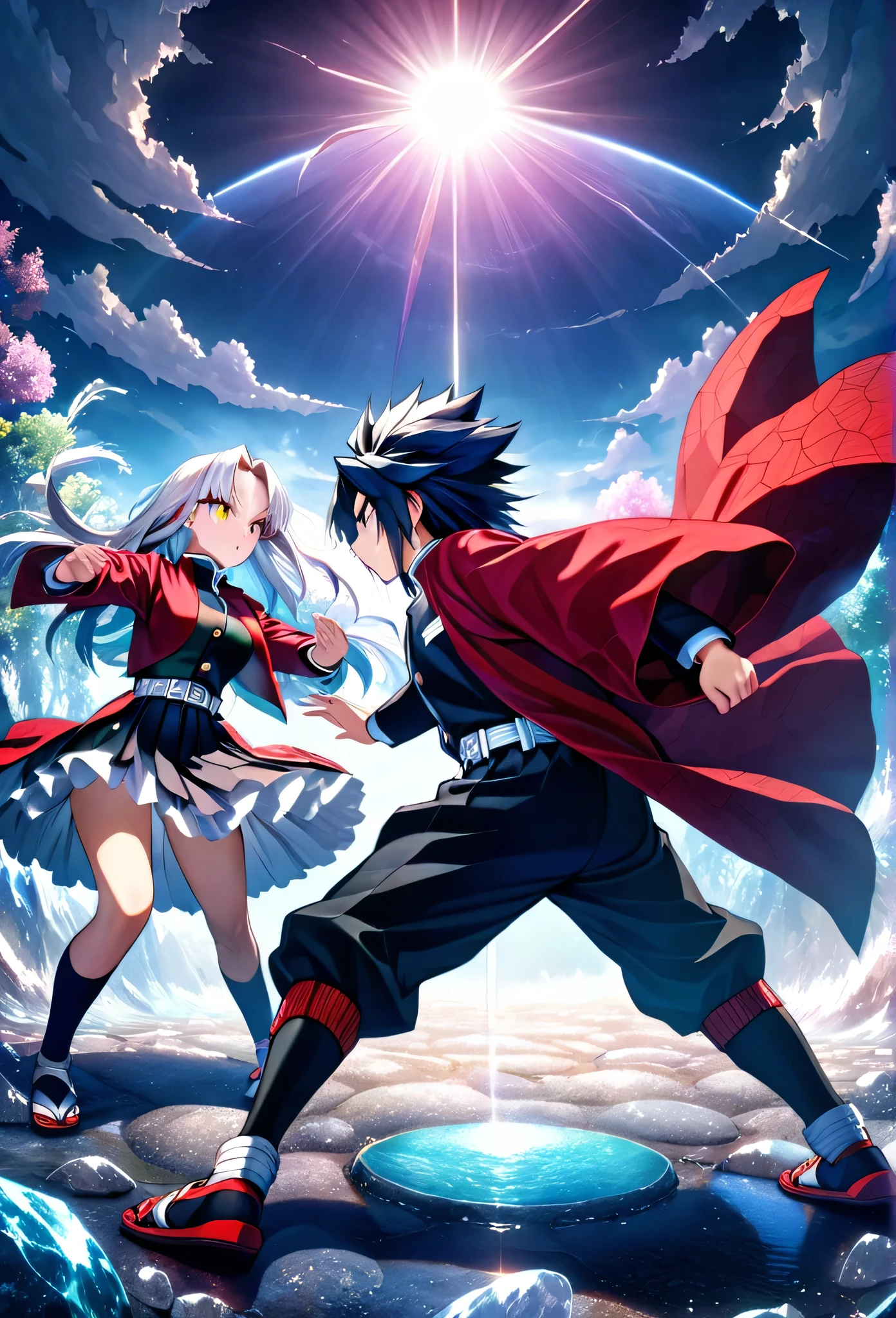 Ultra detailed, high resolution, absurd, HDR, masterpiece, anime girl and boy, beautiful woman with long white hair with deep red streaks, girl with yellow eyes, the girl is wearing a red haori, black demon slayer uniform, Kimetsu No Yaiba, fantasy, Tomioka Giyu, Water Hashira, Tomioka is training the girl using katanas, sun, daylight, best quality, extremely detailed face, anime, attack position, Tomioka Giyu is teaching the girl fighting, full body, they are in front of each other, both holding katanas, Tomioka is the girl’s katana teacher