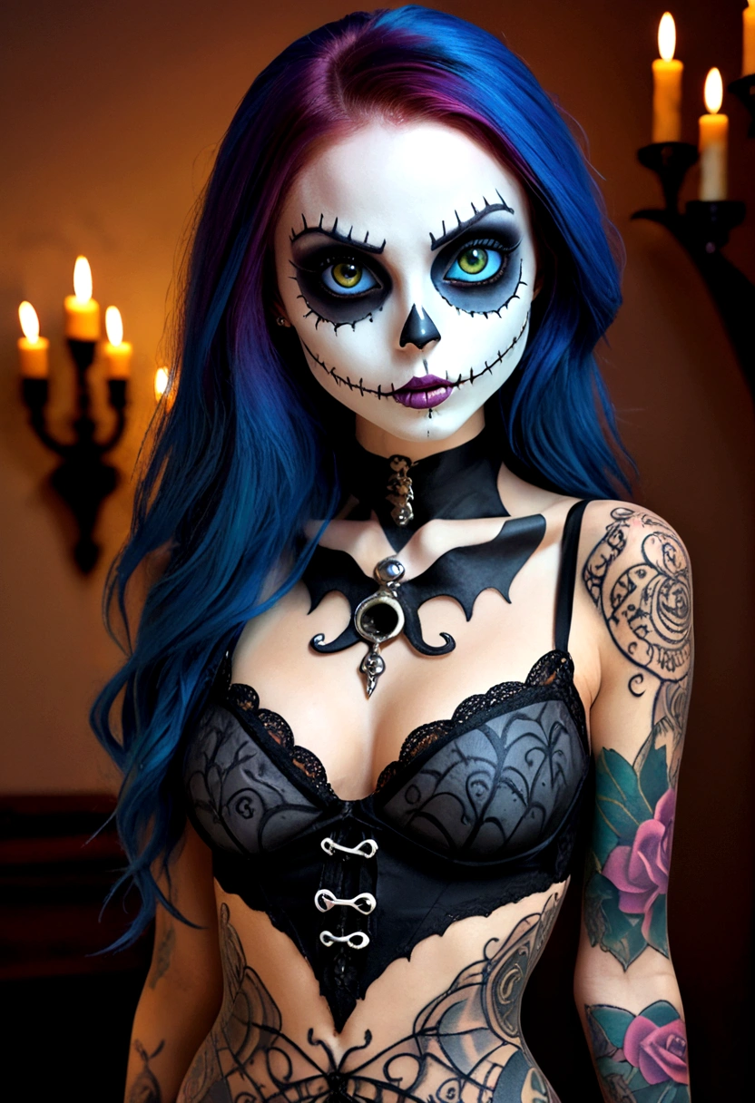 Create a hyper detailed photograph of a nightmare before Christmas tattoos young sexy stunning gorgeous sally Skellington, Stunningly perfect gorgeous face, perfect makeup, detailed vibrant eyes, long hair,detailed perfect beautiful legs, detailed perfect beautiful arms, realistic torso, detailed silky smooth skin texture, detailed silky smooth perky breast, perfect round ass, transparent strappy lace lingerie, back to viewer, looking forward,