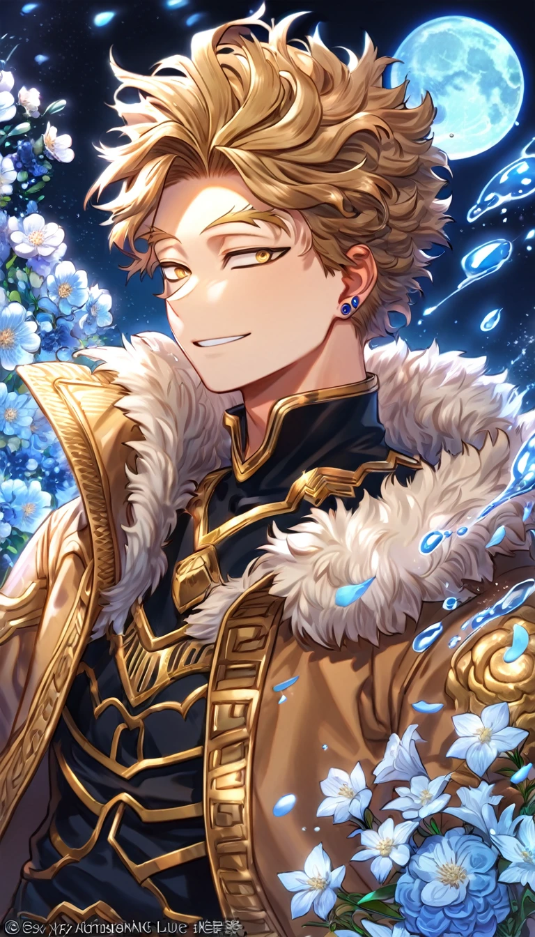 absurdres, highres, ultra detailed, HDR, master piece, Hawks, brown-blond hair, expressive brown-golden eyes, brown coat with fur, black shirt, Boku No Hero Academia, sexy man, handsome, best quality, blue moon, flowers, fantasy, magical, solo, water, blue shining fireflies, blue petals, handsome smile, red piercing, black gloves