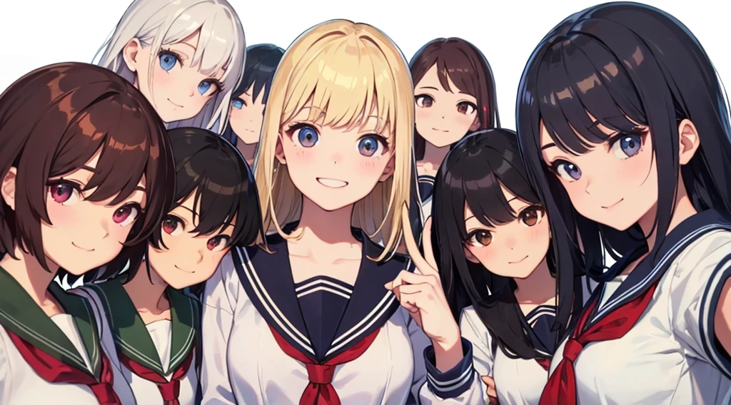 ​masterpiece、top-quality、detaile、hight resolution、extremely delicate and beautiful、simple background、upper body closeup、beutiful breast、hi-school girl、a sailor suit、Uniforms、student clothes、Smile、multiple female、5 women、4 females、7 Women、selfee、Photo booth
