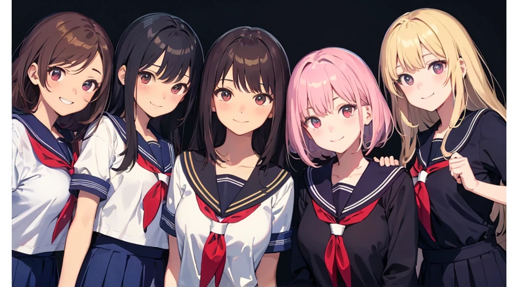 ​masterpiece、top-quality、detaile、hight resolution、extremely delicate and beautiful、simple background、upper body closeup、beutiful breast、hi-school girl、a sailor suit、Uniforms、student clothes、Smile、multiple female、5 women、4 females、7 Women、selfee、Photo booth