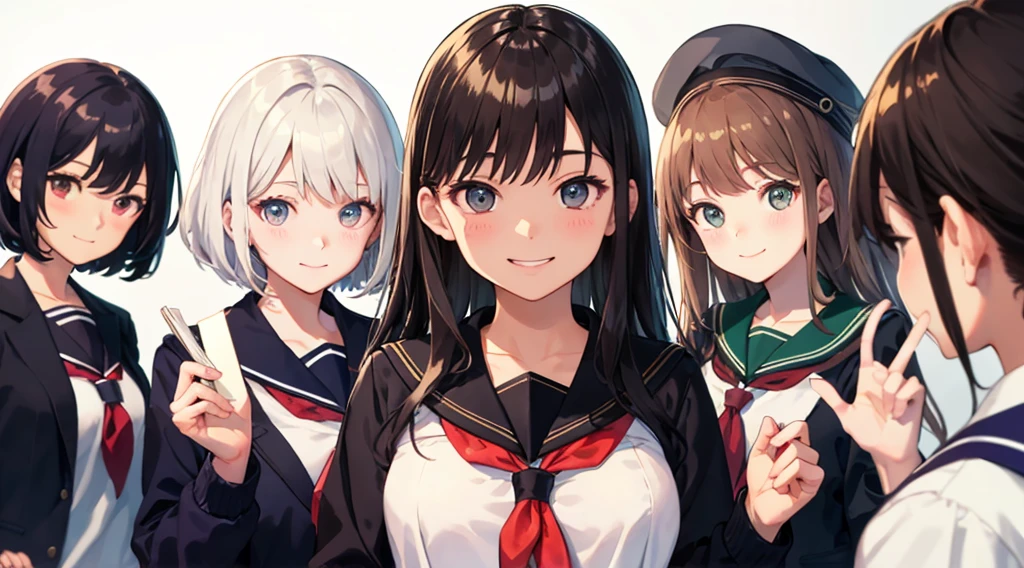 masterpiece、top-quality、detaile、hight resolution、extremely delicate and beautiful、simple background、upper body closeup、beutiful breast、hi-school girl、a sailor suit、Uniforms、student clothes、Smile、multiple female、5 women、4 females、7 Women、selfee、Photo booth