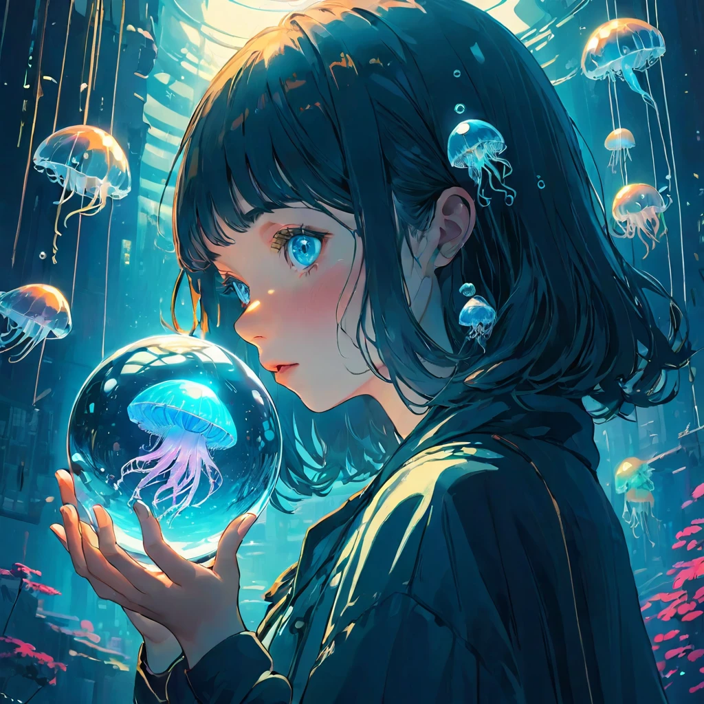 finely detailed illustration, vibrant color,High resolution、8k、pretty girl、One Girl、Perfect and detailed eye drawing、Highest quality、masterpiece、detailed eye and face, A person holding a glass ball with a jellyfish inside, Hologram by Beeple, Trending on CGSociety, magical realism, Cyberpunk Jellyfish, Cyberpunk Blue Lens Effect, Jellyfish Shrine Maiden, Digital Artレンダリング, Artem Demra Beeple, Spectacular concept art. Bokeh, Digital Art