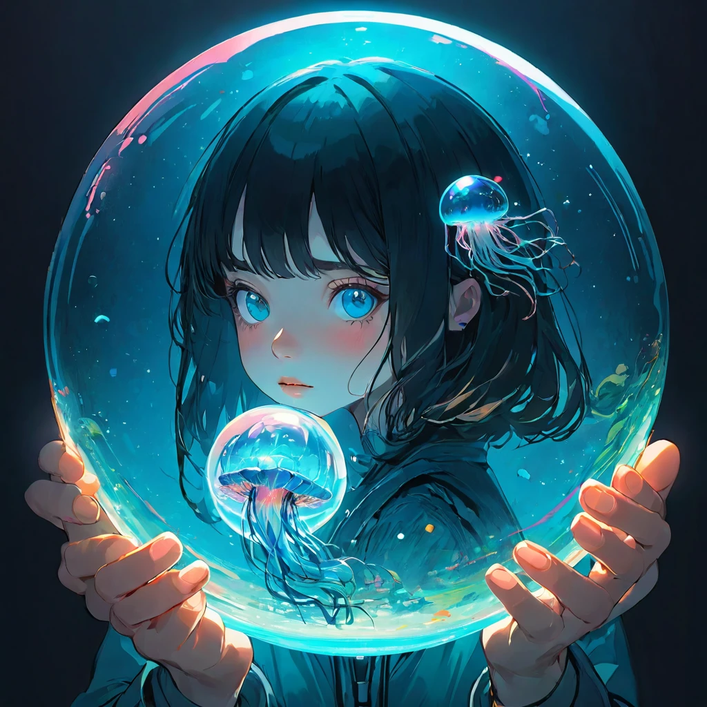 finely detailed illustration, vibrant color,High resolution、8k、pretty girl、One Girl、Perfect and detailed eye drawing、Highest quality、masterpiece、detailed eye and face, A person holding a glass ball with a jellyfish inside, Hologram by Beeple, Trending on CGSociety, magical realism, Cyberpunk Jellyfish, Cyberpunk Blue Lens Effect, Jellyfish Shrine Maiden, Digital Artレンダリング, Artem Demra Beeple, Spectacular concept art. Bokeh, Digital Art
