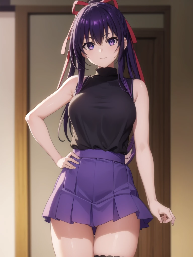 tohkayatogami, tohka yatogami casual, long hair, purple hair, alluringly smile , turtleneck sleeveless top ,black top , short skirt, white skirt ,thighs garter belt , thighs high, (purple eyes:1.1), hair ribbon, ponytail, purple hair, white ribbon, E cup breasts, bewitched thighs, slender waist, plump butt ,  sneakers 
BREAK ,
BREAK daylight ,alone, 
BREAK looking at viewer, standing, tilt head,  look cute
BREAK (masterpiece:1.2), best quality, high resolution, unity 8k wallpaper, (illustration:0.8), (beautiful detailed eyes:1.6), extremely detailed face, perfect lighting, extremely detailed CG, (perfect hands, perfect anatomy),