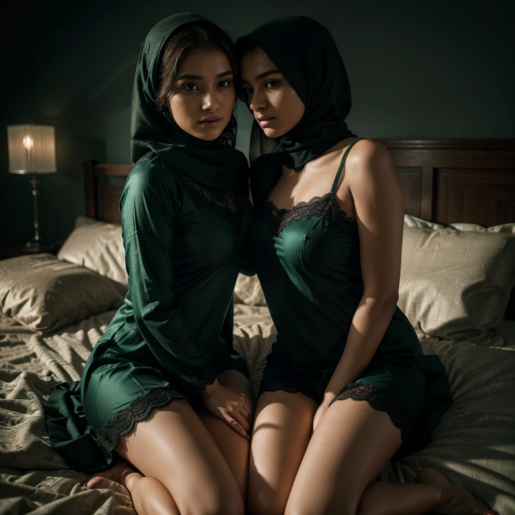 Two Omani girls in green and black lace pyjamas on bed, supermodel girl, realistic, kissing hijabs, purple calm background, photorealistic, cinematic composition, cinematic lighting, Shot on 50mm lense, Ultra-Wide Angle, Depth of Field, hyper-detailed, beautifully color-coded, beautifully color graded , bright Lighting, Incandescent, Optical Fiber, Moody Lighting, Cinematic Lighting, Studio Lighting, strong Lighting, Beautiful Lighting, Anti-Aliasing, elegant dynamic pose , photography,tétons 