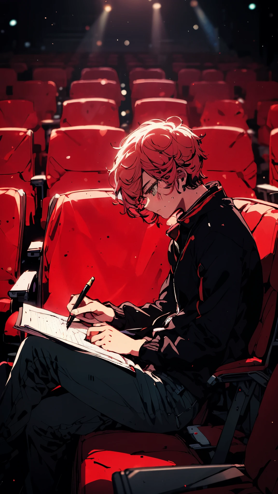 A bored teenager with bright pink hair, doodling absentmindedly in a sketchbook. A single spotlight shines down on her, casting a dramatic silhouette against the rows of empty, red velvet seats in the vast auditorium, ((boy drawing):1.2)