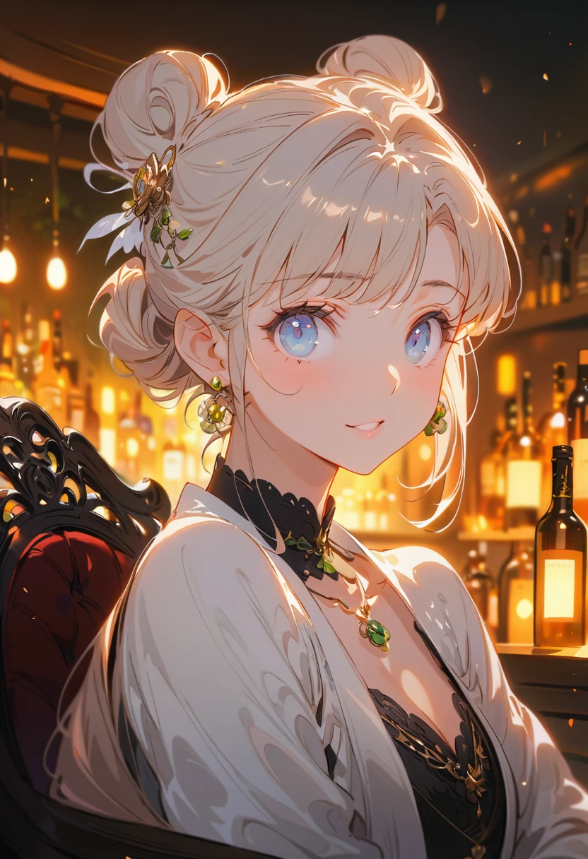 Portrait of Abigail: A charming lady with a high bun, Sitting in the bar. This masterpiece is of excellent quality, Extremely detailed, Perfect for 8k HDR wallpapers. With lighting、Sharp focus and intricate details.